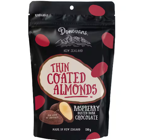 Donovans Raspberry Dusted Dark Chocolate Thin Coated  Almonds 150g