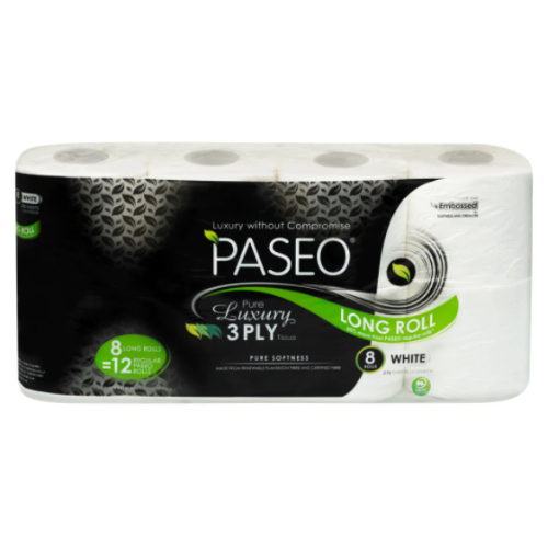 Paseo Pure Luxury Long Roll Toilet Paper 3ply 8pk