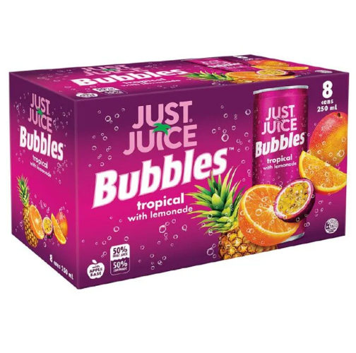 Just Juice Bubbles Tropical Cans 250ml 8pk