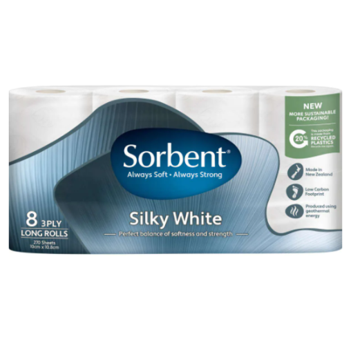 Sorbent Long Roll Silky White Toilet Tissues 3ply  8pk